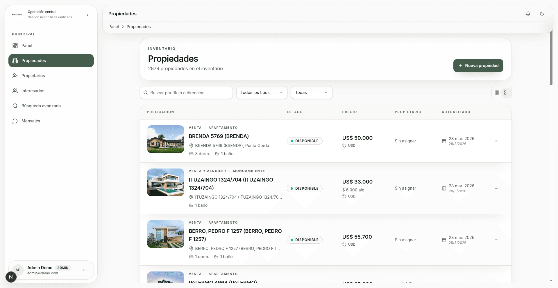 ADVen: vista principal del panel de propiedades en la aplicación web