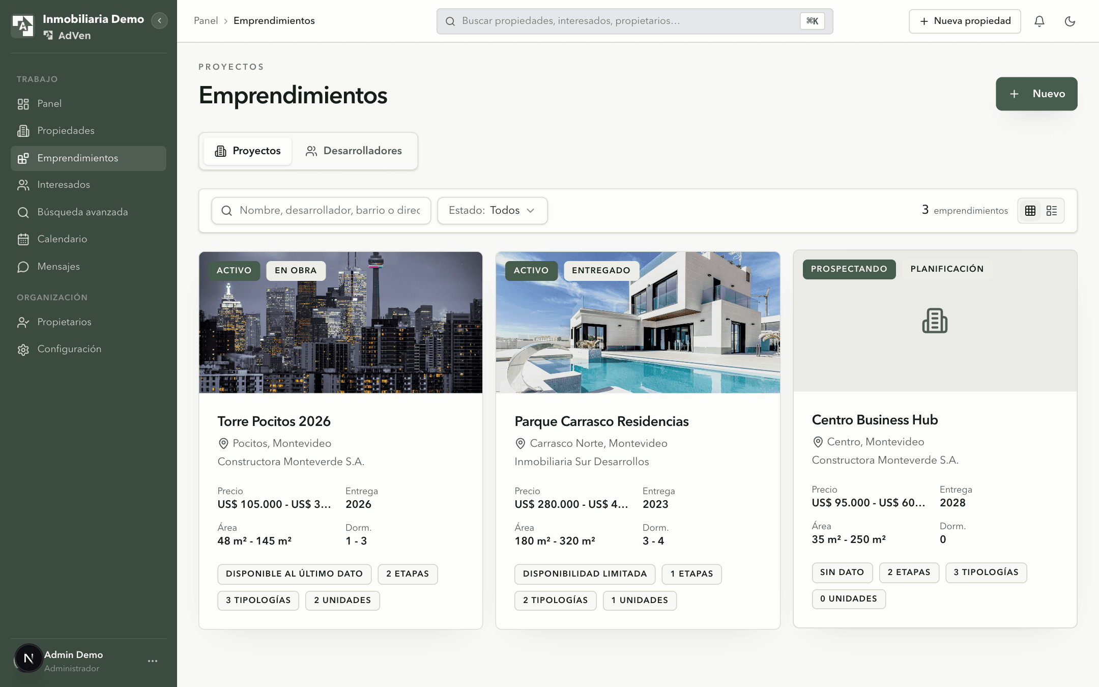 Listado de emprendimientos en AdVen en vista de tarjetas