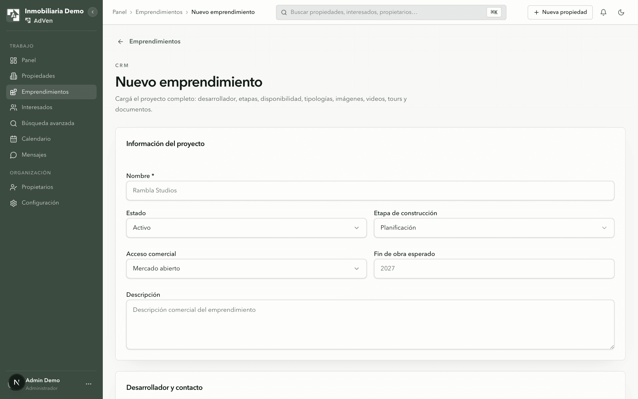 Creación de un emprendimiento en AdVen con datos del desarrollador