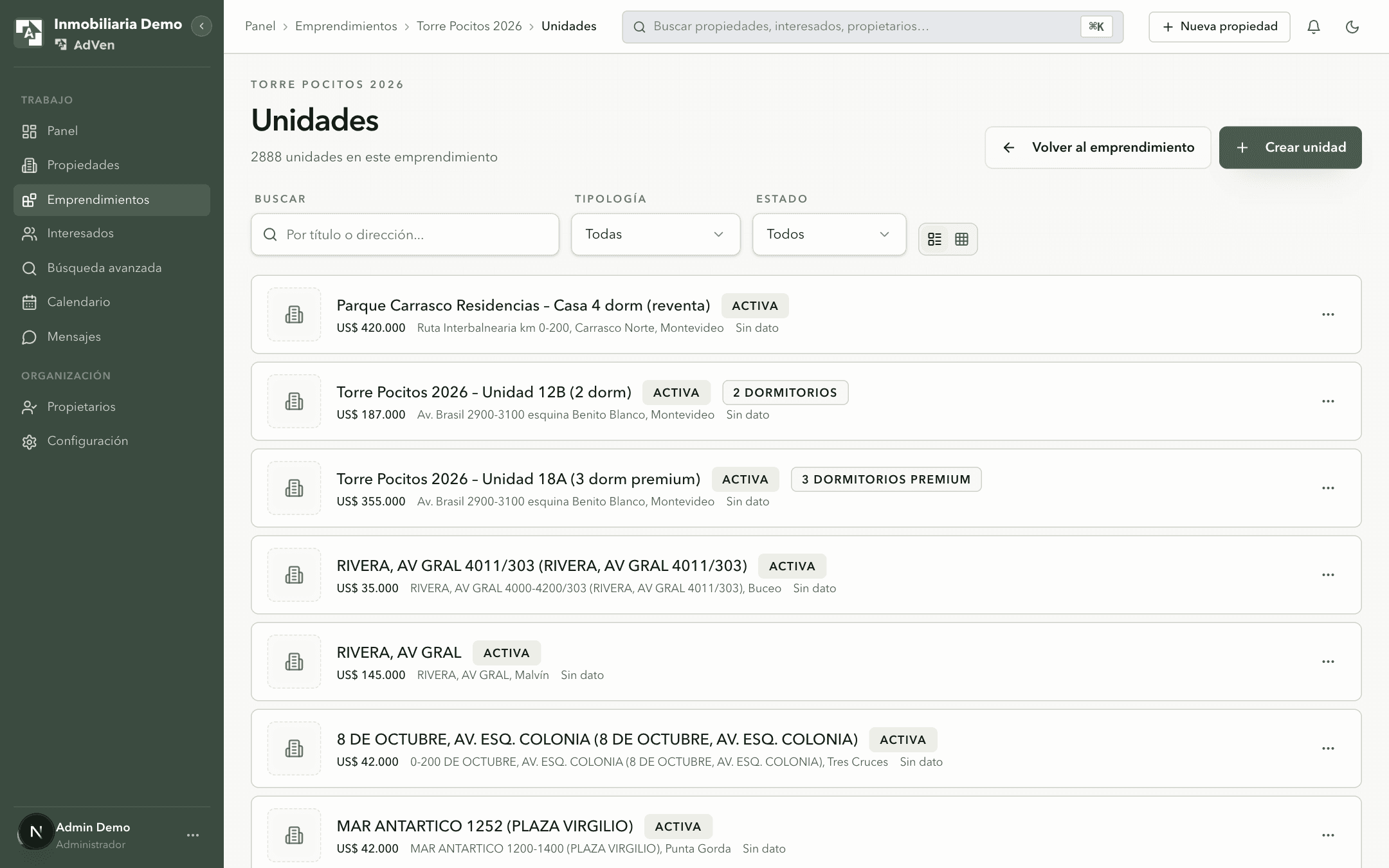 Inventario de unidades de un emprendimiento en AdVen