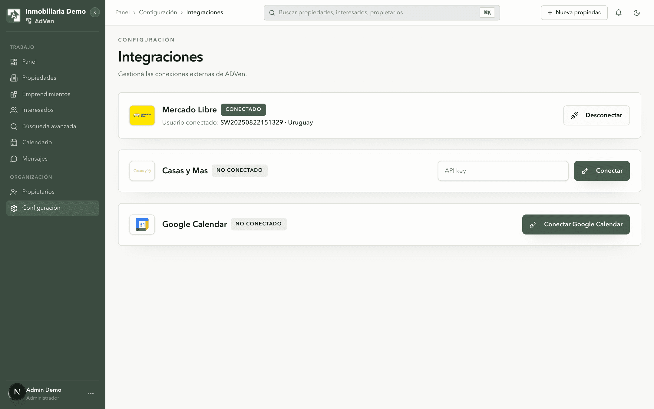 Integraciones de portales en AdVen con Mercado Libre conectado